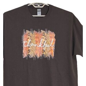Gildan Unisex T-shirt XL Brown Thankful Vinyl Print Thanksgiving Fall‎ Colors
